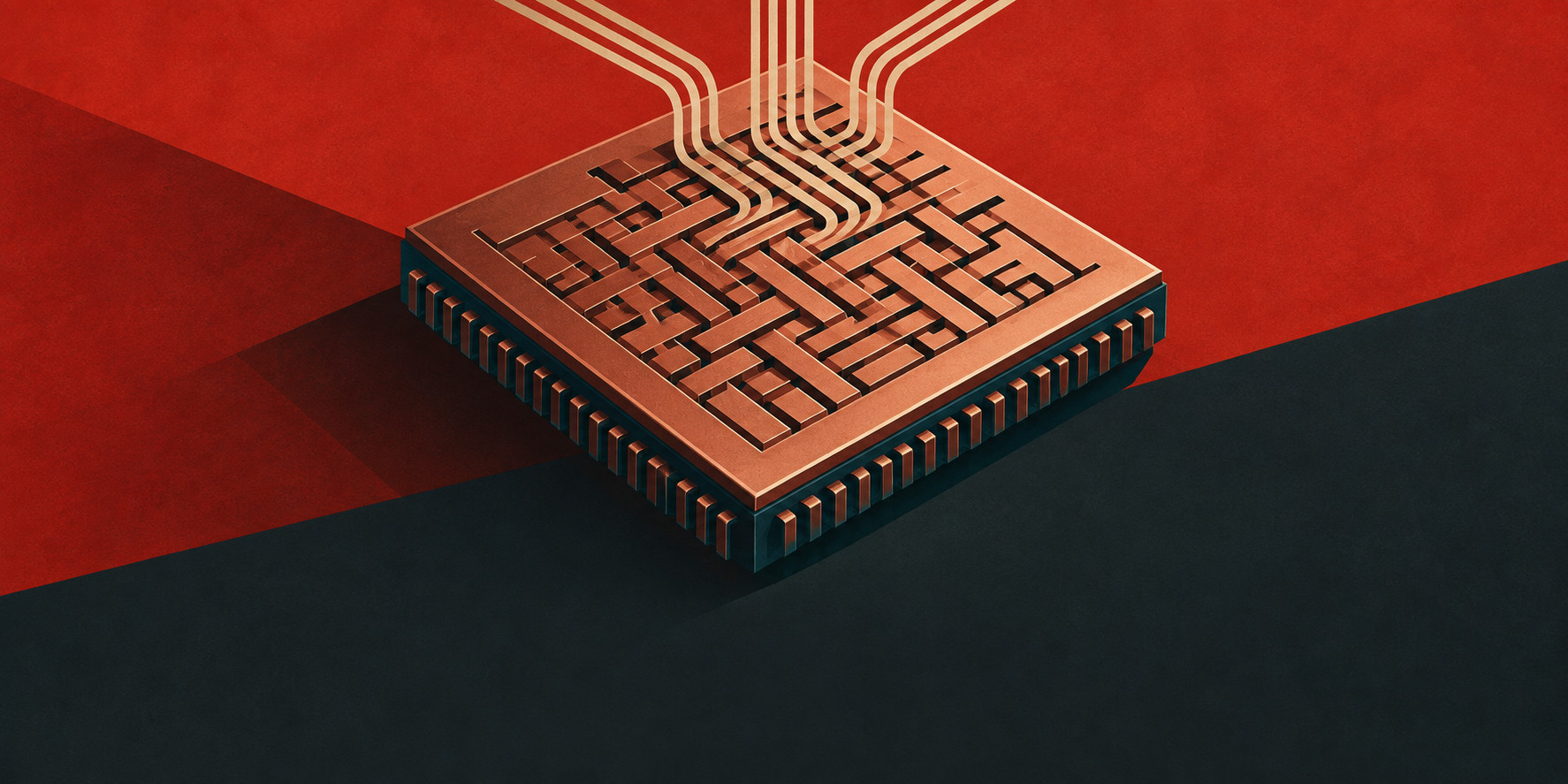 Conceptual illustration of circuit paths cast into a copper-red silicon chip