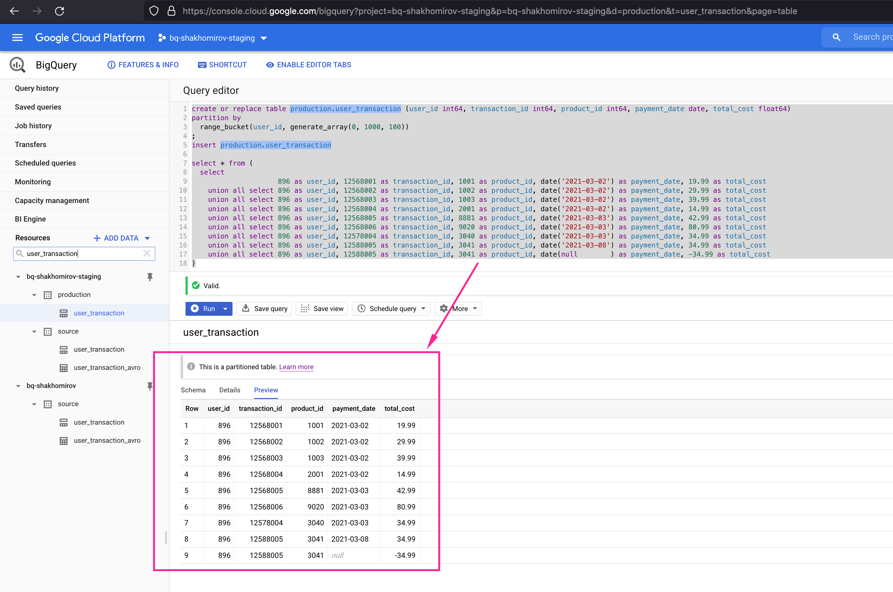 Create a test table